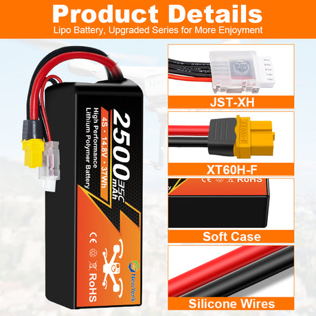 NouvelleYenk 4S 2500mAh 14.8V 35C avec batterie LiPo XT60 – Puissance haute capacité pour drones FPV, quads freestyle et avions RC