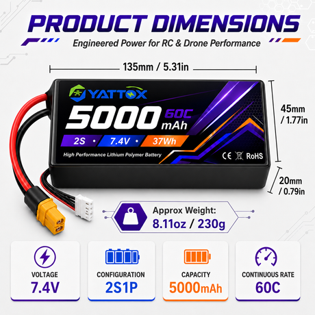 Yattox 2S 5000mAh 60C 100%LCO Lipo Battery