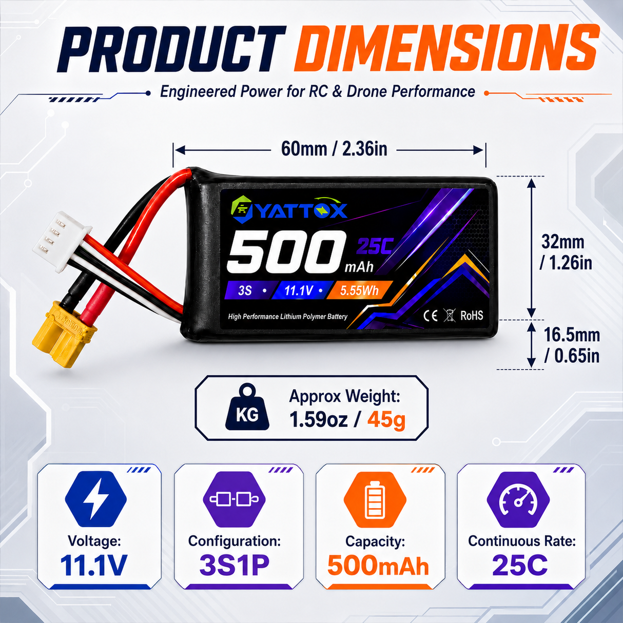 Yattox 3S 500mAh 25C 100%LCO Lipo Battery With XT30U