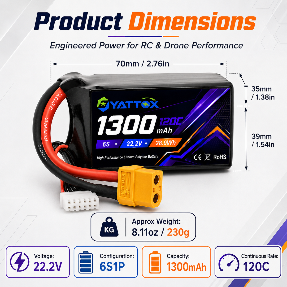 Yattox 6S 1300mAh 22.2V 120C With XT60 FPV 100% LCO Lipo Battery
