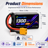 Yattox 6S 1300mAh 22.2V 120C With XT60 FPV 100% LCO Lipo Battery