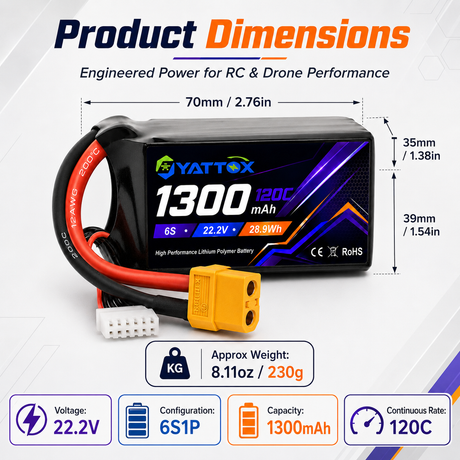 Yattox 6S 1300mAh 22.2V 120C With XT60 FPV 100% LCO Lipo Battery