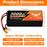 Yattox  6S 3000mAh 40C 100% LCO Lipo Battery Wtih XT60