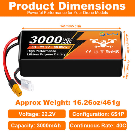 Yattox  6S 3000mAh 40C 100% LCO Lipo Battery Wtih XT60