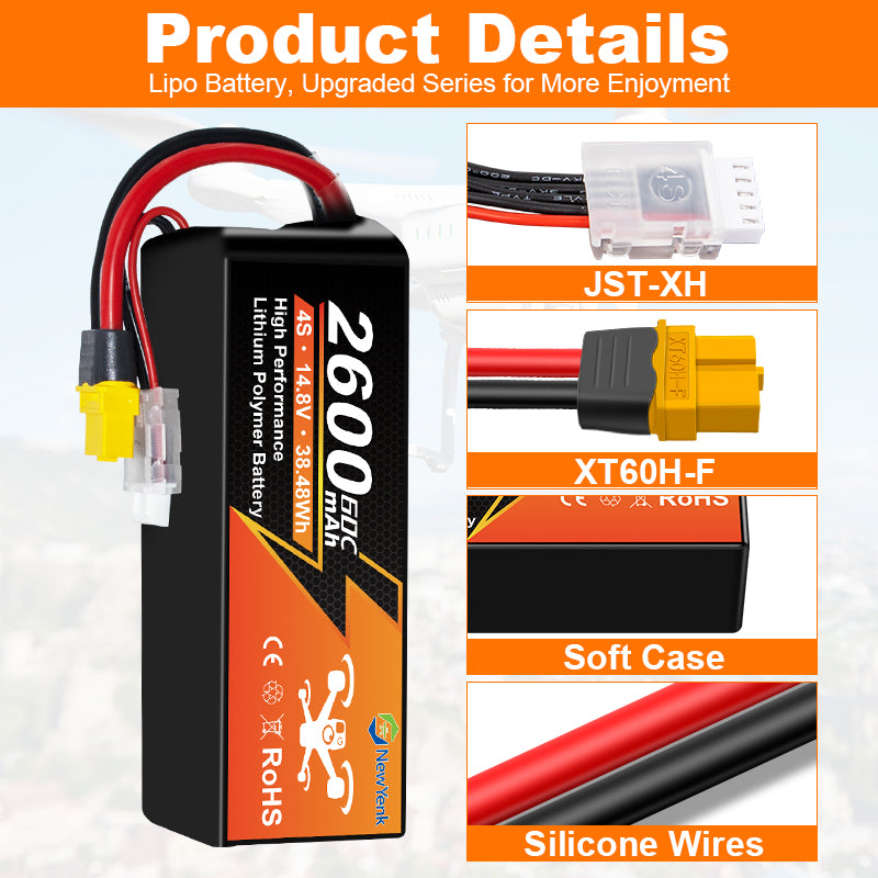NewYenk 4S 2600mAh 14.8V 60C avec batterie LiPo XT60 – puissance à décharge élevée pour drones de course FPV, quads freestyle et avions RC
