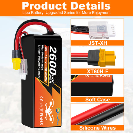 NewYenk 4S 2600mAh 14.8V 60C avec batterie LiPo XT60 – puissance à décharge élevée pour drones de course FPV, quads freestyle et avions RC