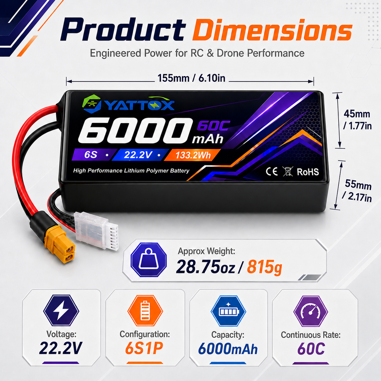 Yattox 6000mAh 6S 60C 100% LCO Lipo Battery With XT60/XT90/EC5 Plug