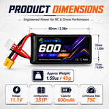 Yattox 3S 600mAh 75C 100%LCO with XT30U Lipo Battery