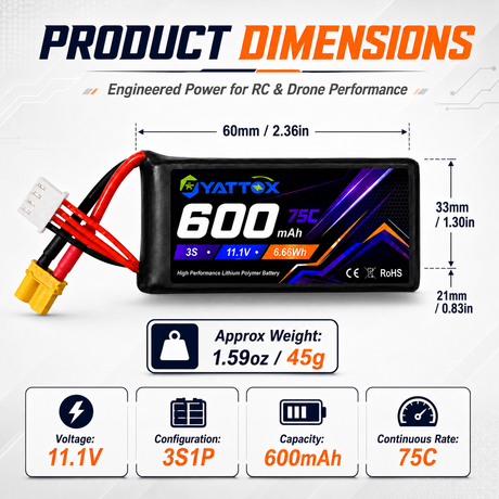 Yattox 3S 600mAh 75C 100%LCO with XT30U Lipo Battery