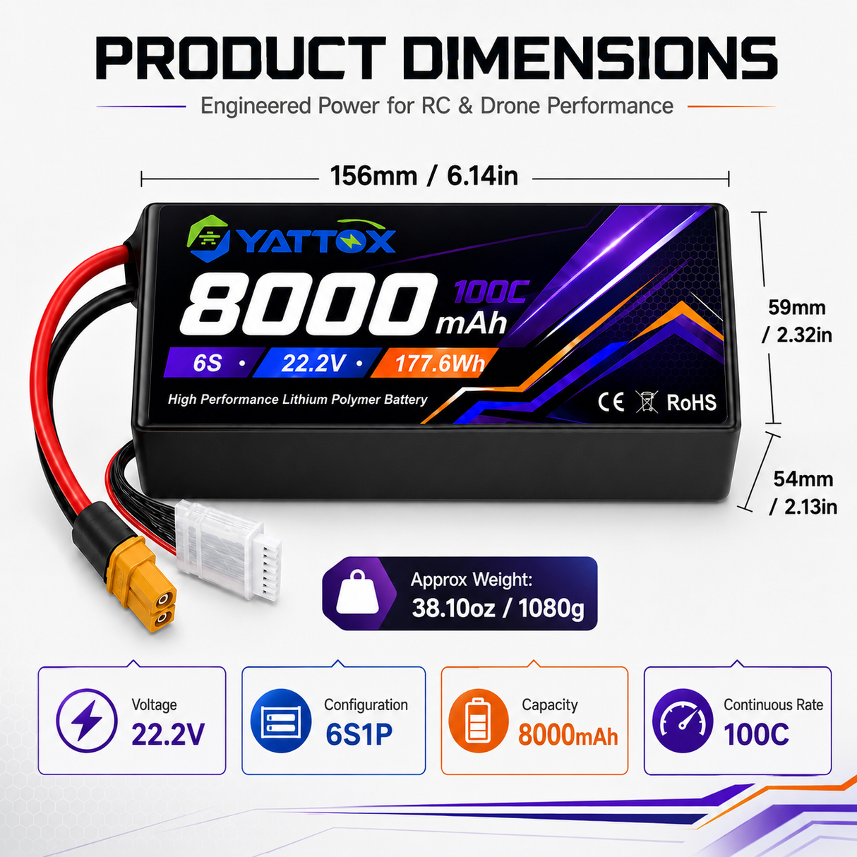Nouvelle batterie LiPo 6S 8000mAh 22.2V 40C avec QS8 – Pack haute capacité à longue endurance pour drones FPV, photographie aérienne et avions RC