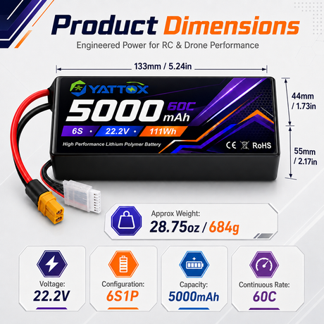 Yattox 6S 5000mAh 60C 100% LCO Lipo Battery with EC5/XT90