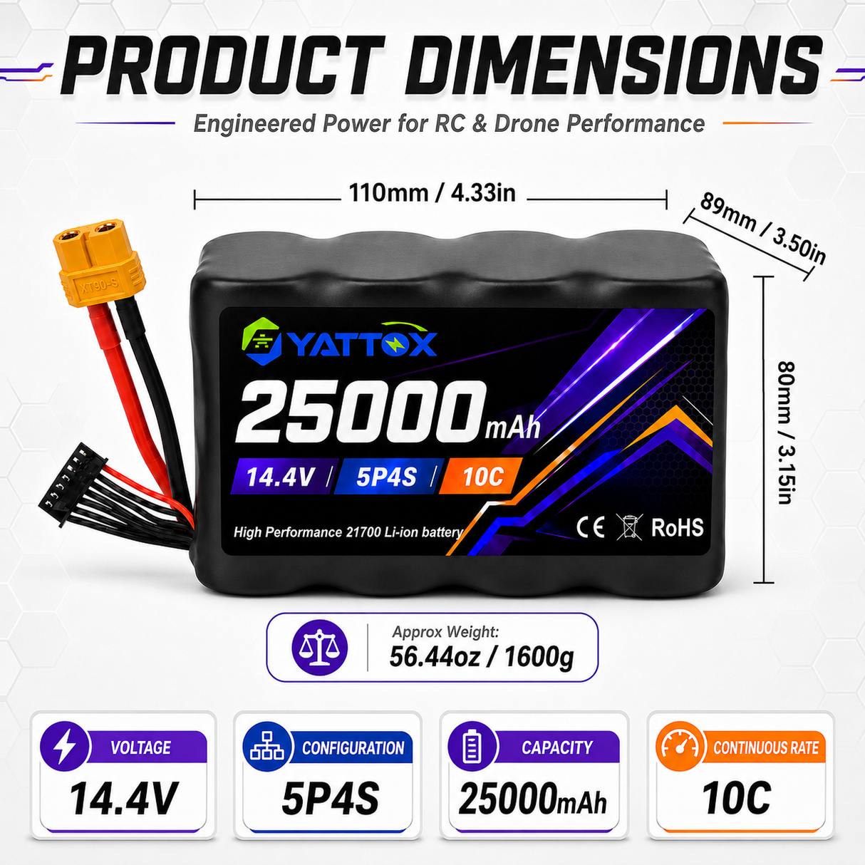 Yattox 4S5P 14.4V 25000mAh 10C 21700 Li-ion Battery