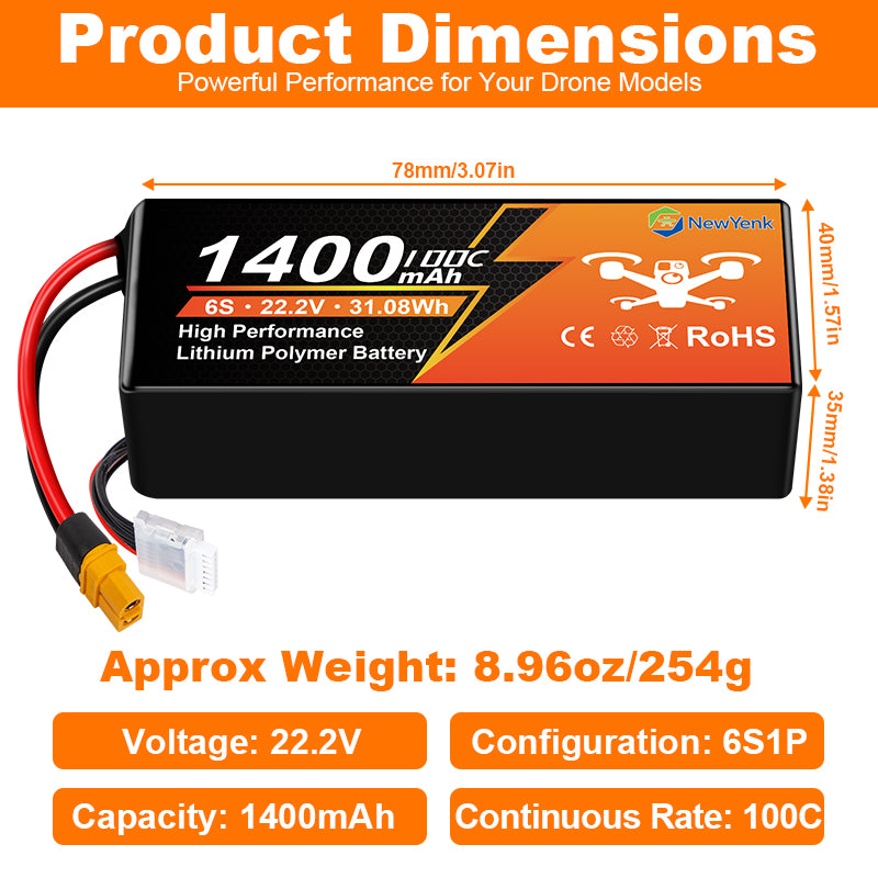 Yattox  6S 1400mAh 22.2V 100C With XT60 Plug 100% LCO LiPo Battery