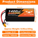 Yattox  6S 1400mAh 22.2V 100C With XT60 Plug 100% LCO LiPo Battery