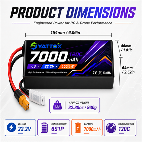 Yattox 6S 7000mAh 22.2V 120C With XT60 100% LCO LiPo Battery