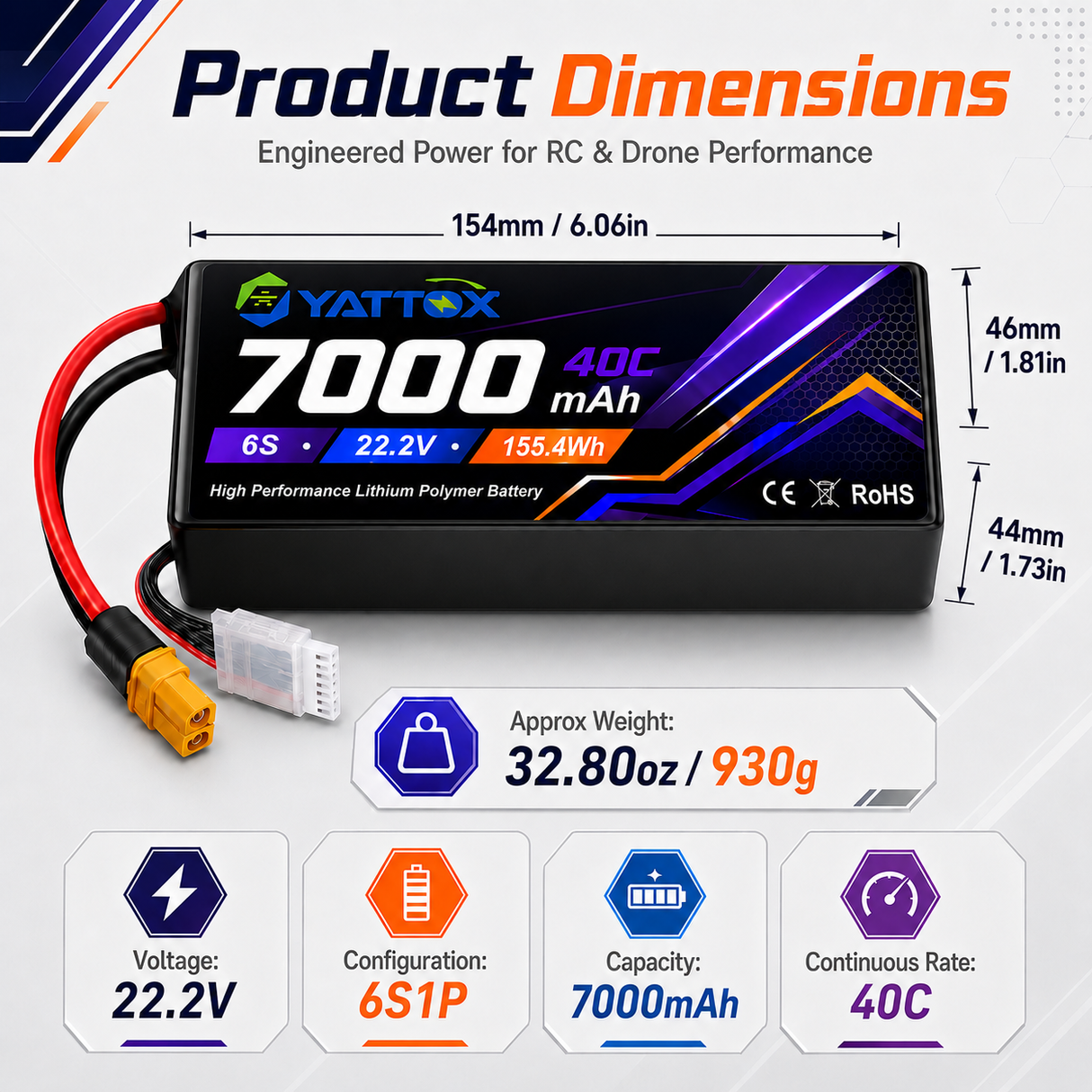 Yattox 6S 7000mAh 22.2V 60C/40C With XT60 100% LCO LiPo Battery
