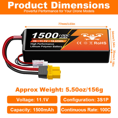 NewYenk 3S 1500mAh 11.1V 100C with XT60 100% LCO LiPo Battery