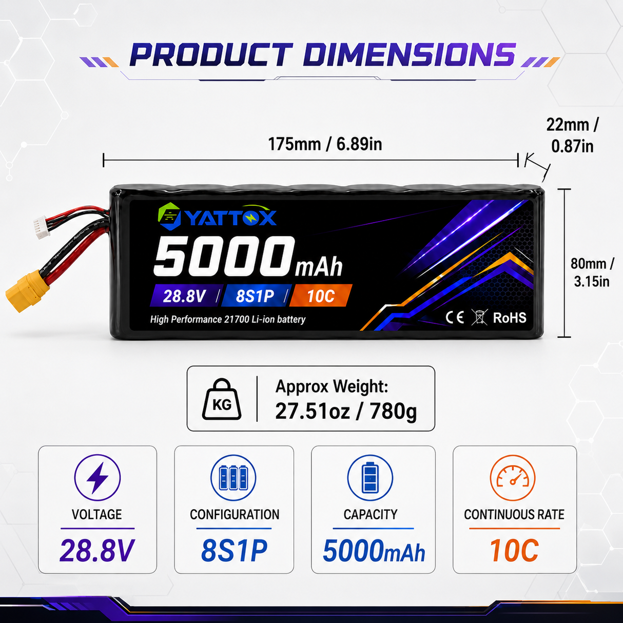 Yattox 8S1P 5000mAh 28.8V 10C 21700 Li-ion Battery