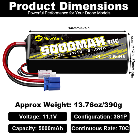 Yattox 3S 5000mAh 70C 100% LCO Lipo Battery with EC5