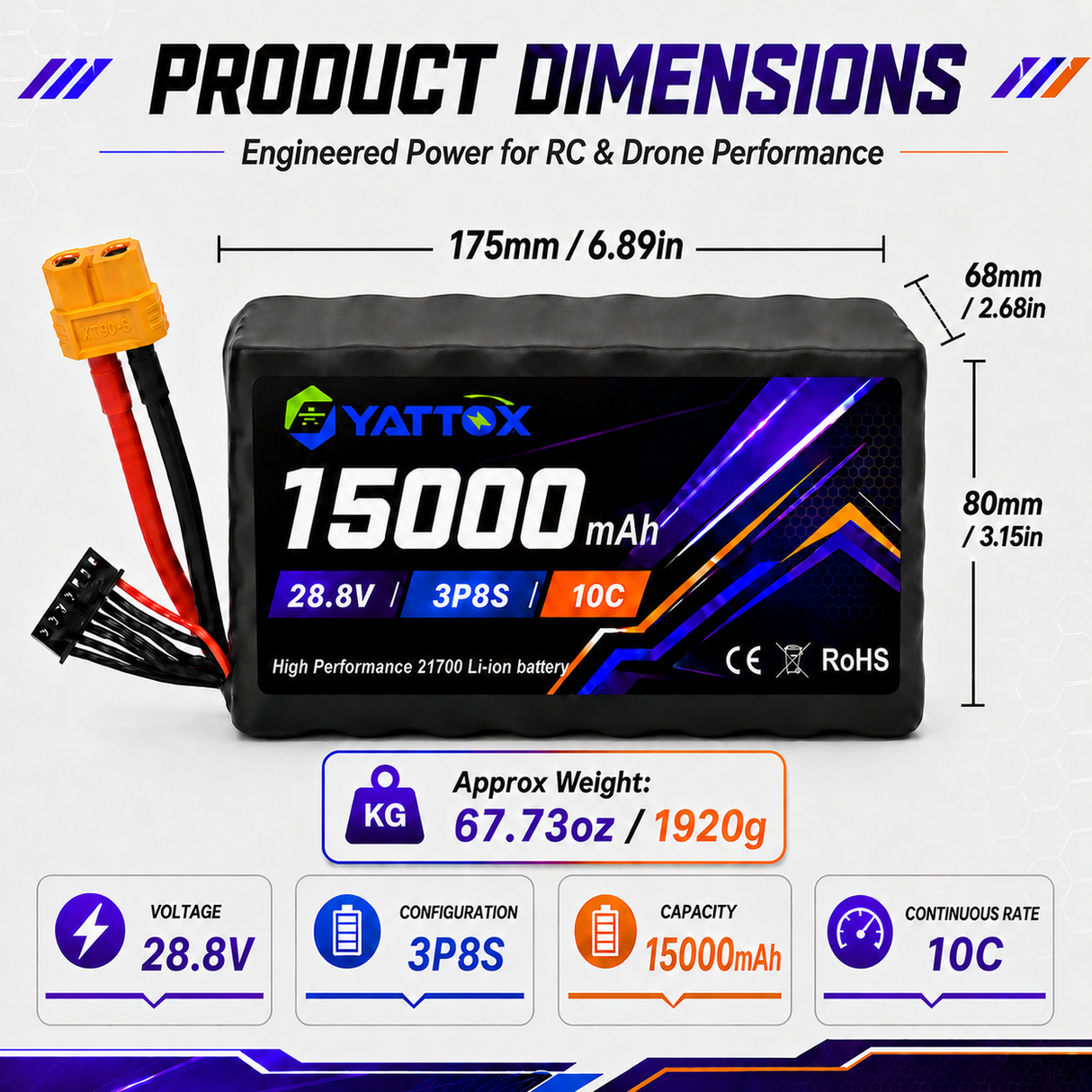 Yattox 3P8S 28.8V 15000mAh 10C 21700 Li-ion Battery