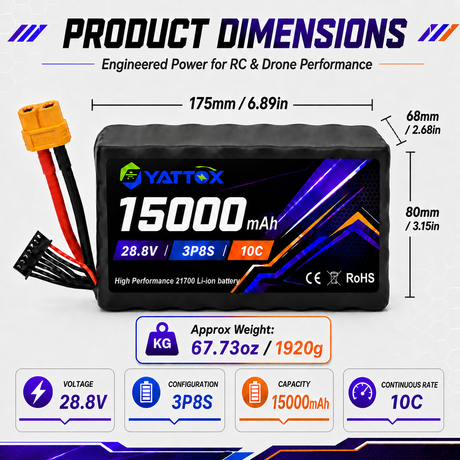 Yattox 3P8S 28.8V 15000mAh 10C 21700 Li-ion Battery