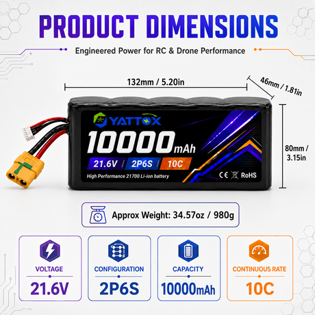Yattox 6S2P 21.6V 10000mAh 21700 10C Li-ion Battery With XT60/XT90