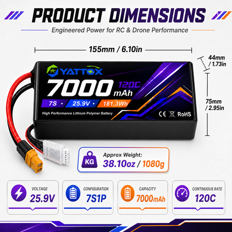 Yattox 7S 7000mAh 25.9V 120C With EC5/XT90 100% LCO LiPo Battery