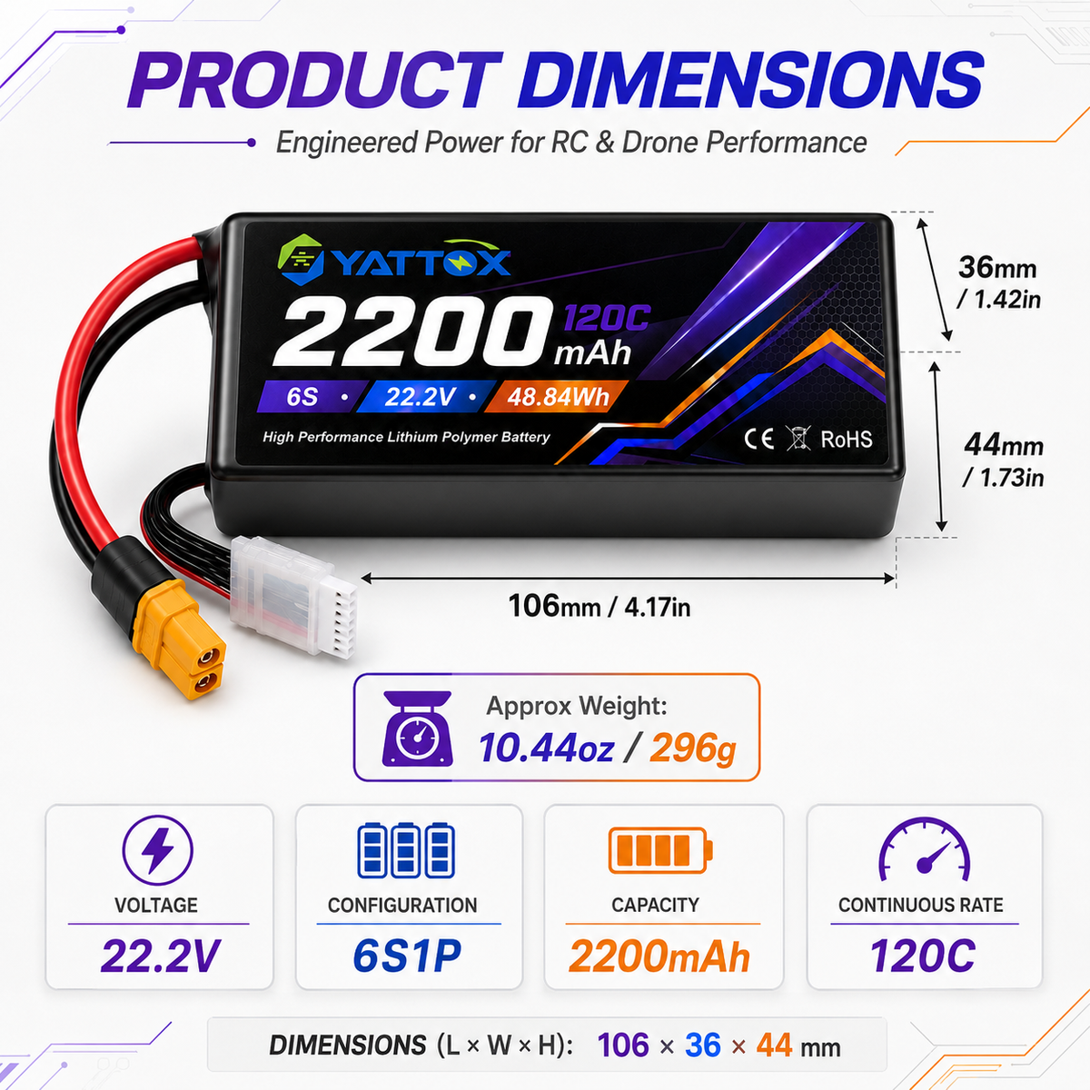 NewYenk 6S 2200mAh 22.2V 120C With XT60 Plug 100% LCO LiPo Battery